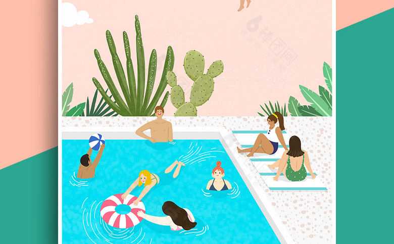 夏季游泳人物插画